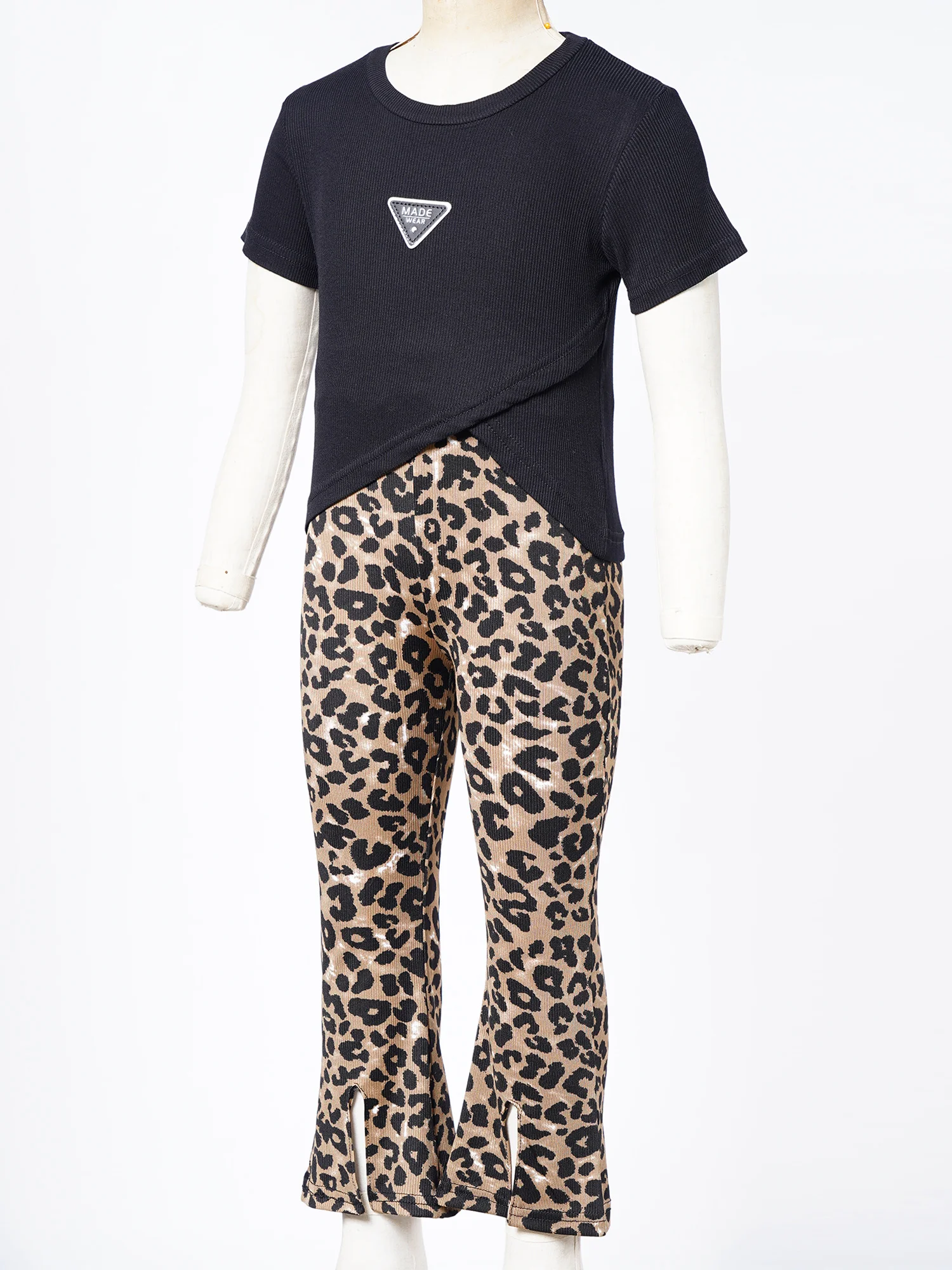 Fashion Modern Jazz Dance Costumes Set Girls Casual Sport Outfits Short Sleeve T-shirt Top High Waist Leopard Print Flared Pants