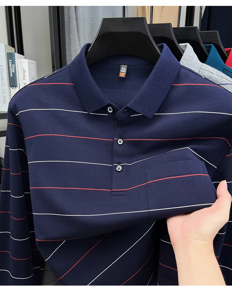 Hochwertiges gestreiftes Langarm-Poloshirt für Herren, neues Komfort-Taschendesign, Frühling/Herbst, luxuriöses Business-Casual-T-Shirt. – Detail 6