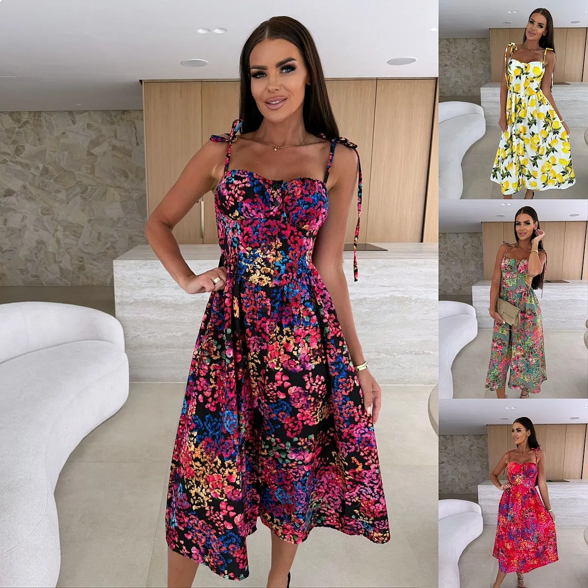 Printed Wrap Midi Dress with Padded Bra Summer Spring Sleeveless Bodycon Dresses Women Casual Beach Party