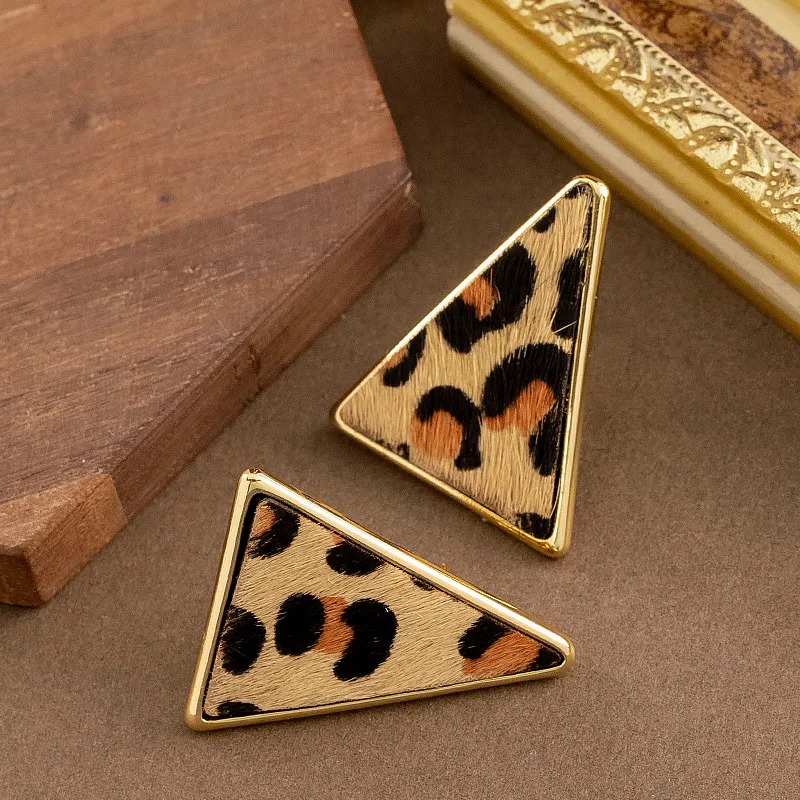 Stylish exaggerated European and American style horse hair leopard print triangular stud earrings light luxury commuter earrings