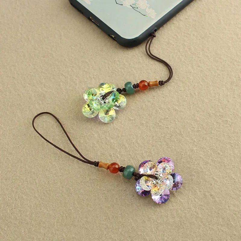 Colorful Glass Crystal Handmade Double Layer Flower Phone Keychain Anti Loss U Disk Refractive Creative Cultural Amusement Gifts