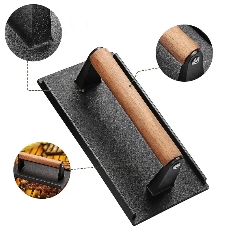 Cast Iron Rectangular Meat Press Round Heavy-Duty Steak Burger Press Barbecue Press for Flat Top Grill Hamburger Grinder