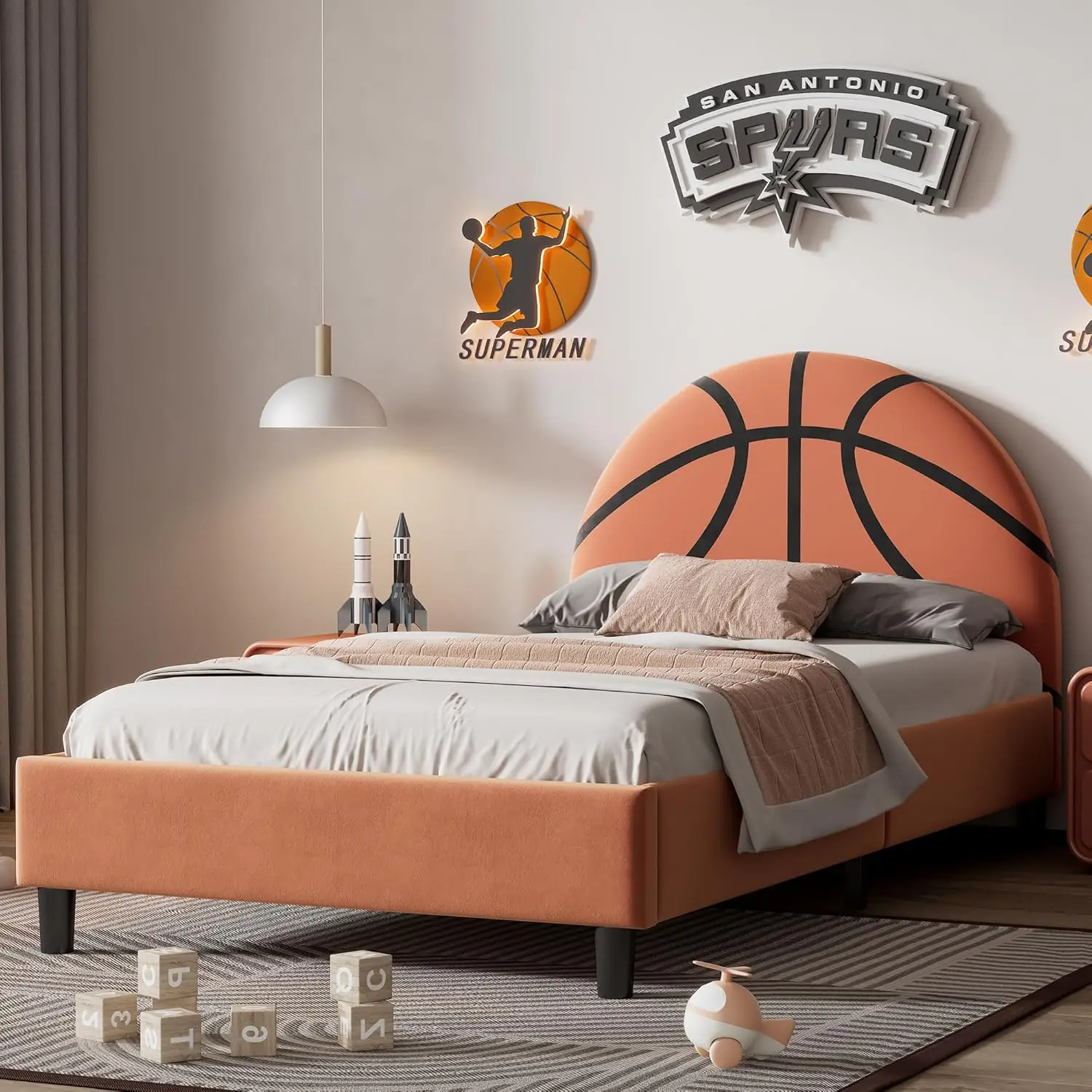 Basketball Design Velvet Upholstered Platform Bed for Boys, Girls, Teens, Twin Metal Platform Bed Frame for Bedroom, Children's