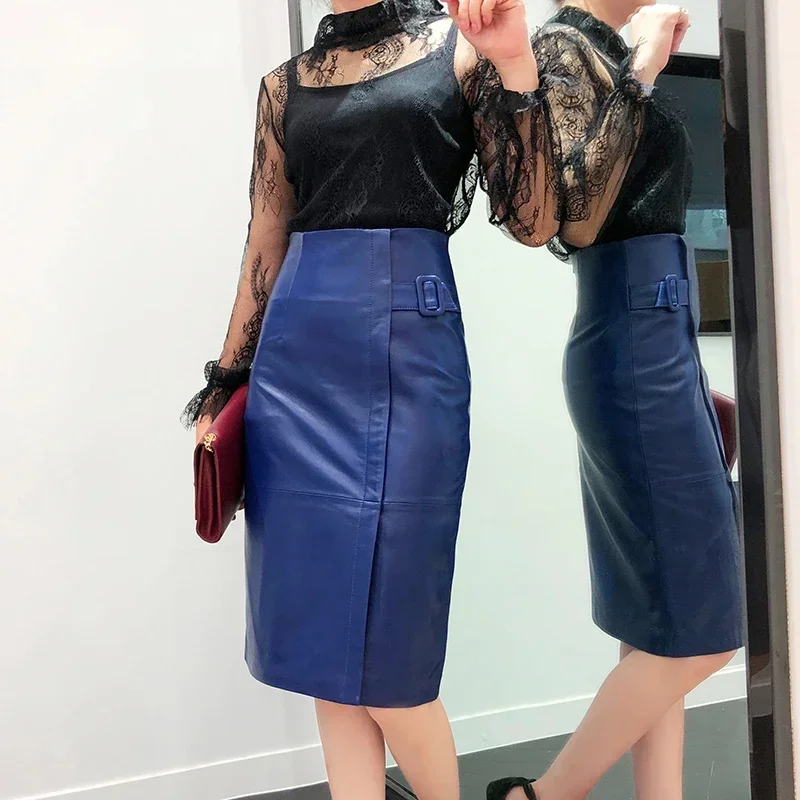 New Women 100% Genuine Leather Midi Skirt Ladies High Waist Slim Hip Saia OL Professional Side Belt Knee Long Split Jupe