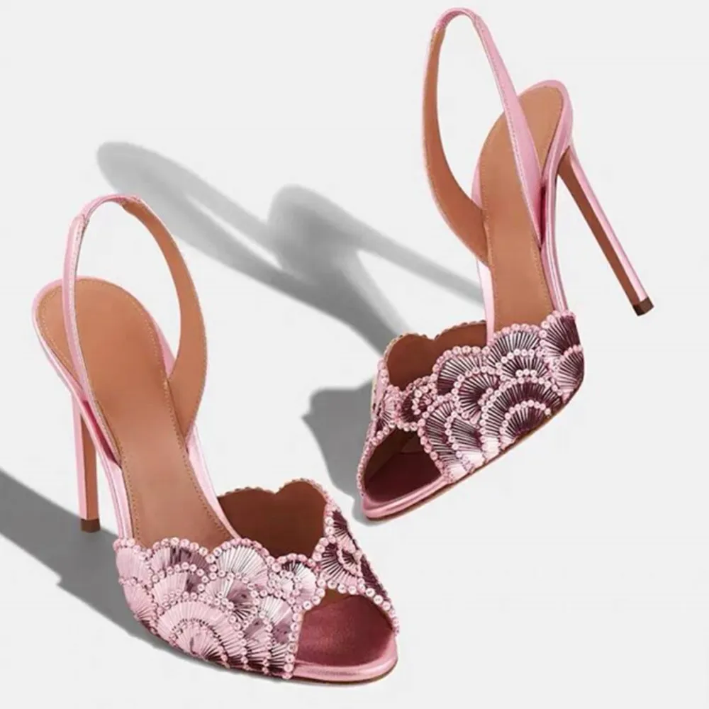 

Summer High-heeled Gold Sequined Round Headed Hollow Out Women's Sandals, Fashionable Runway, Party and Wedding Sandals