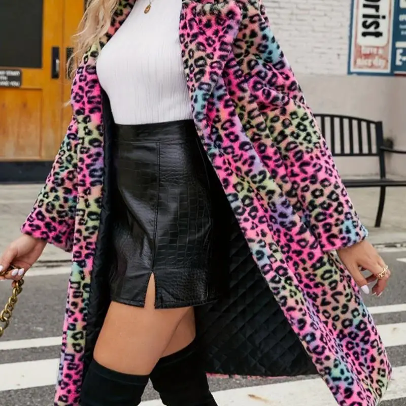 Damen Long Sve Kunstpelz gefütterter Ledermantel Flip-Kragen Leopardenmuster Neuankömmling Winter Faion Oberbekleidung Jaet