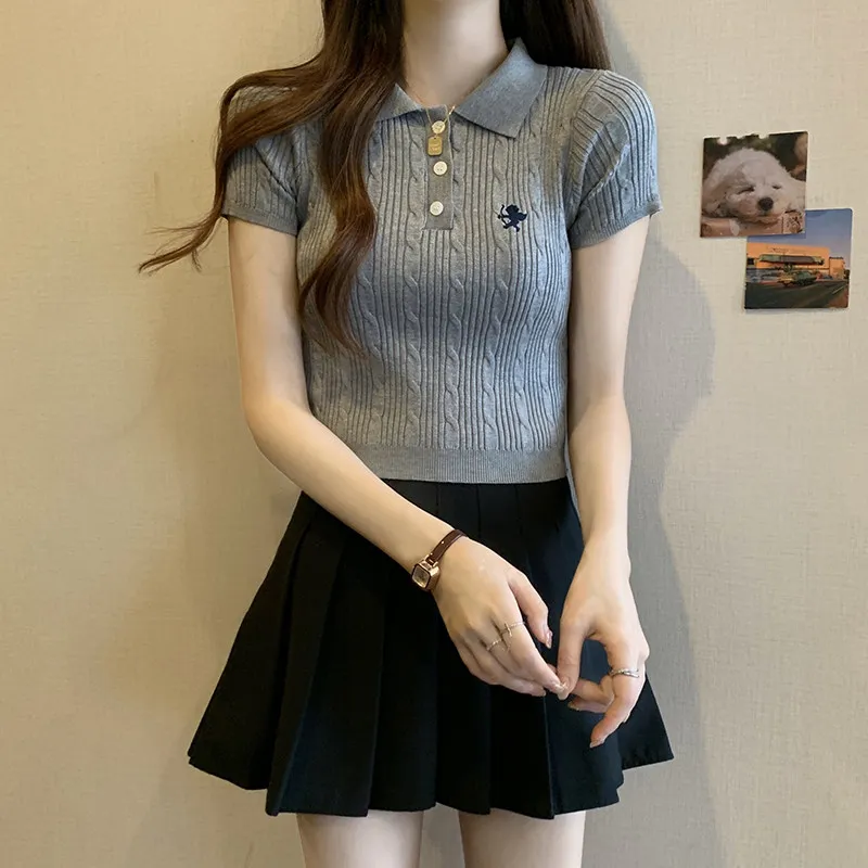 Rib Knit Polo Shirt Women Short Sleeve Polo-Collar Blouse with Embroidered Angel Crop Top SchoolGirl Golf Tennis Core