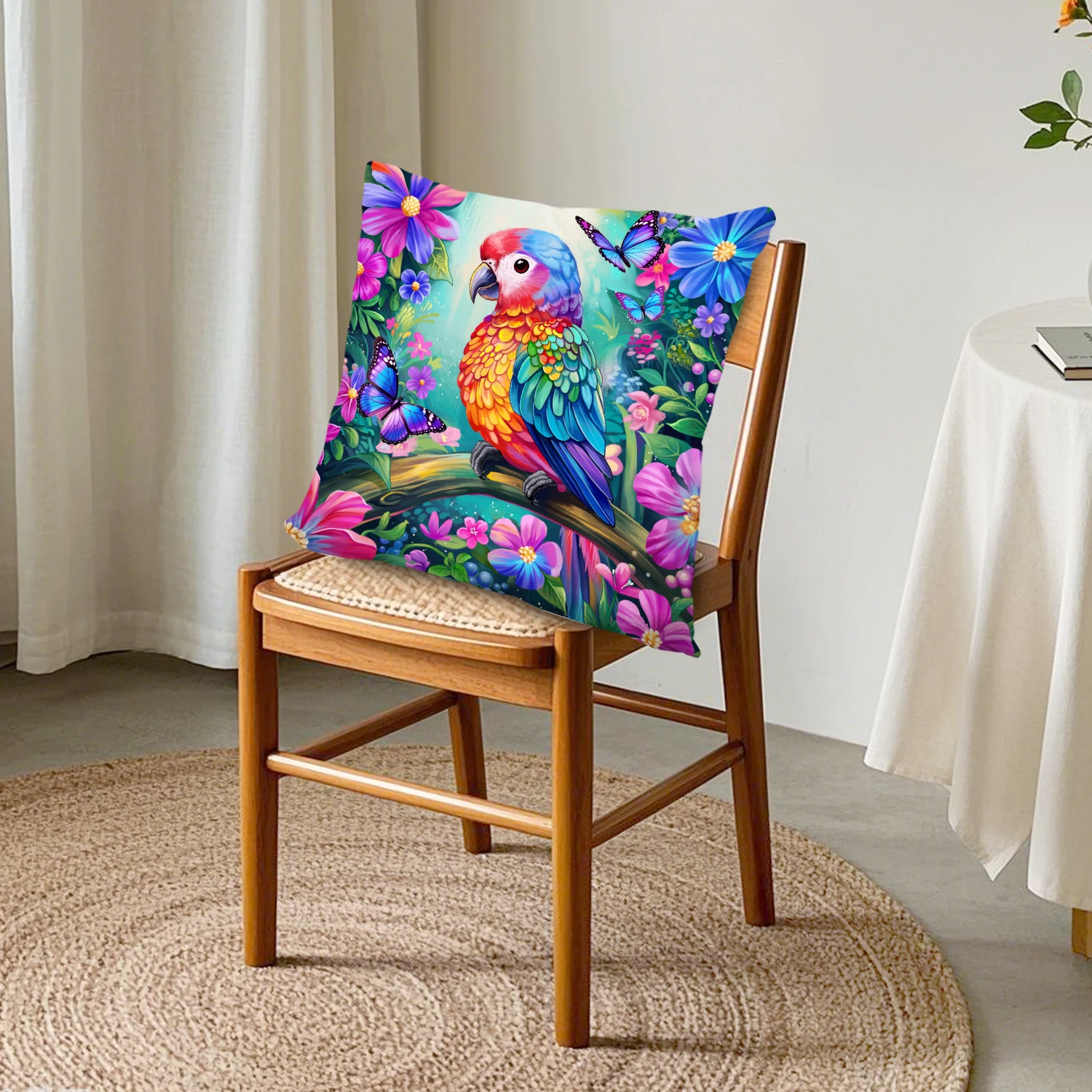 Colorful Macaw Parrot Linen Cushion Cover Tropical Floral Butterfly Throw Pillow Case Botanical Nature Decor Living Room Sofa