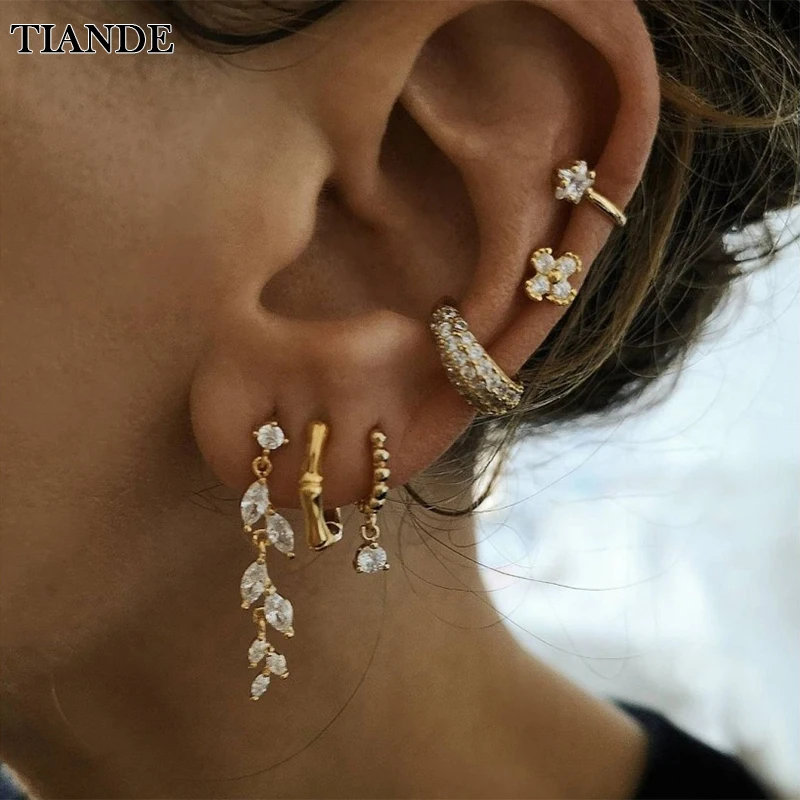 TIANDE Gold Color Dangle Earrings for Women Vintage Exquisite Zircon Ear Cuff Women's Stud Earrings 2023 Jewelry Wholesale