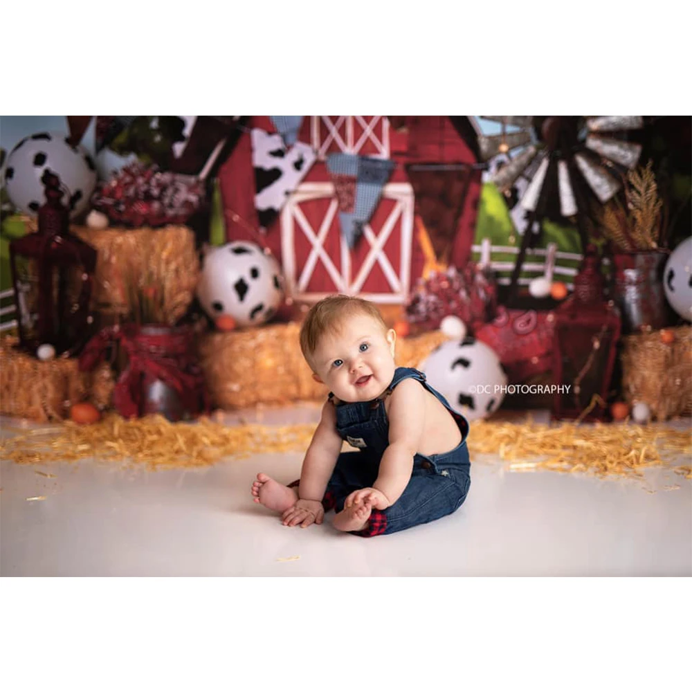 Farmer Red Barn Photo Background Children Birthday Cake Smash Photography Backdrop Kids Portrait Balloons Photo Studio Props