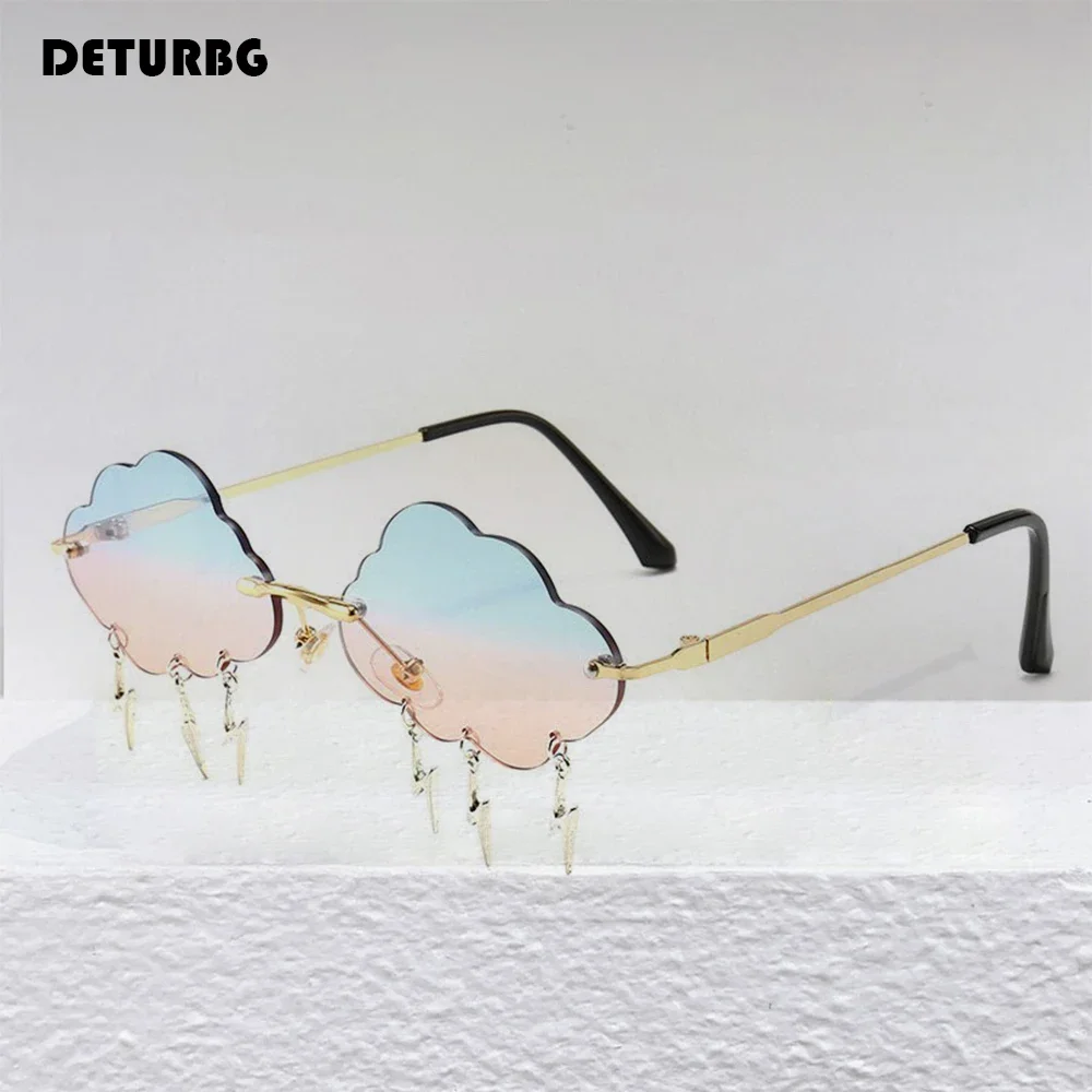 Fashion Rimless Cloud Shaped Sunglasses with Lightning Pendant Y2K Women's Luxury Sun Glasses Shades UV400 Brand Designer SG28