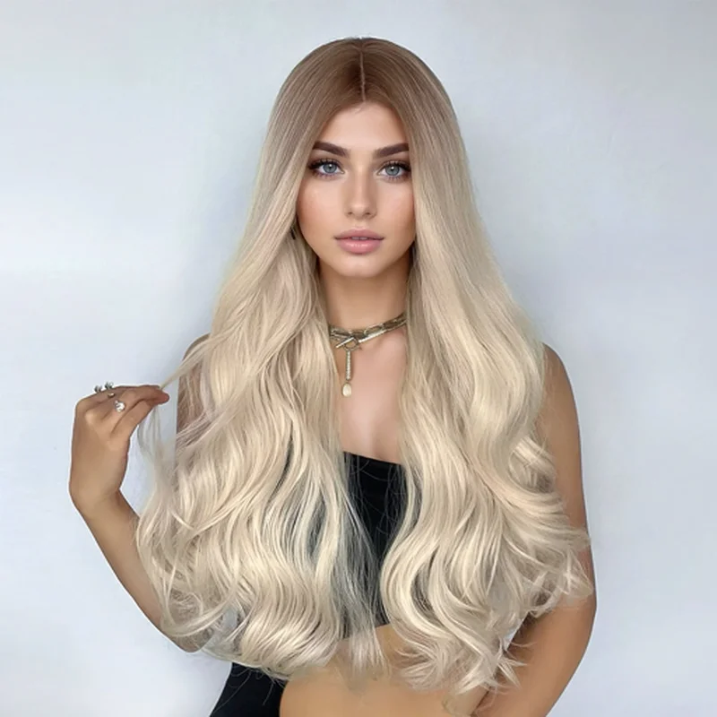 Blonde Long Wavy Wig Ombre Synthetic Wig for Women Middle Part Soft Wig Hight Density Natural Daily Party Cosplay Use