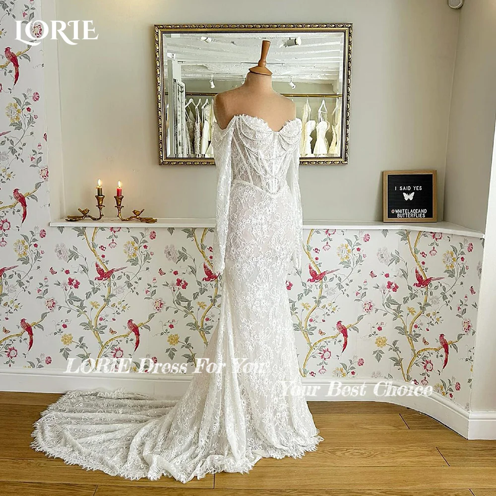 LORIE Suknia Ślubna w Stylu Vintage z Koronką, Syreni Krój, Seksowna, Odkryte Ramiona, Długi Rękaw, Suknia na Przyjęcie Weselne, Bez Pleców, Księżniczka, Suknia Ślubna na Zamówienie