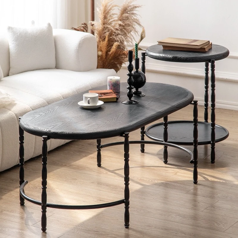 Medieval style coffee table small apartment living room household retro solid wood surface small round table creative art