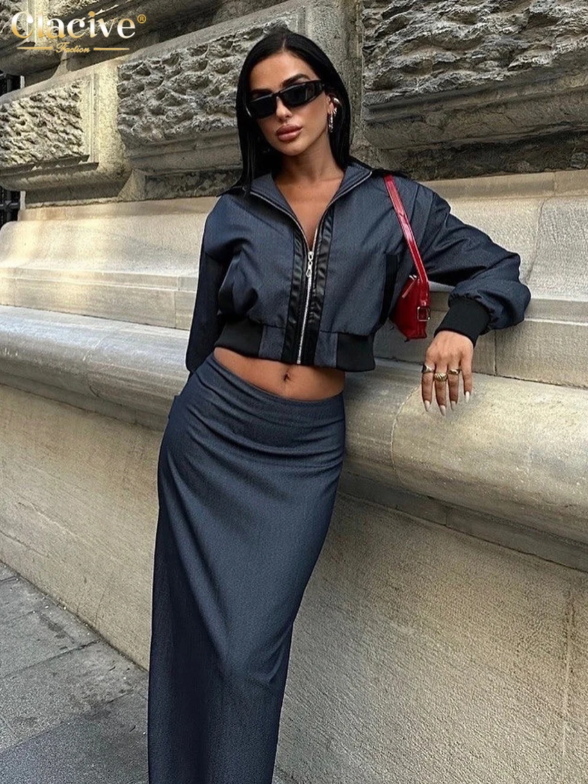 Clacive Fashion Loose Black 2 Piece Sets Women Outfit 2025 Elegant Long Sleeve Crop Top With Mid Waist Long Skirt Set Streetwear