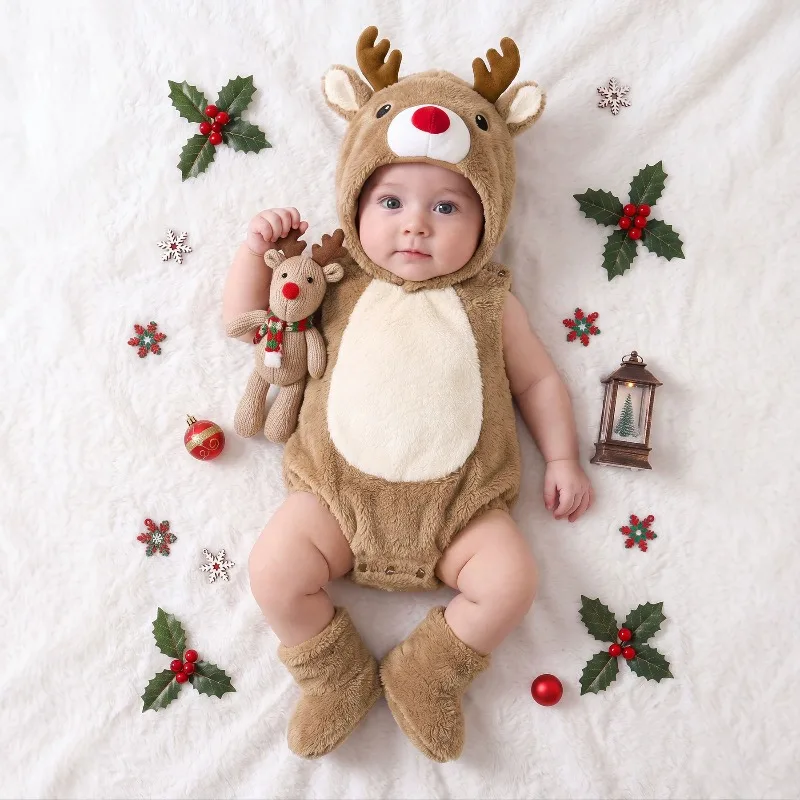 新生児向けクリスマス柄のトナカイロンパース、赤い鼻のついたフード付きフリースジャンプスーツ、幼児向けのホリデーコスチューム、ベビー服。