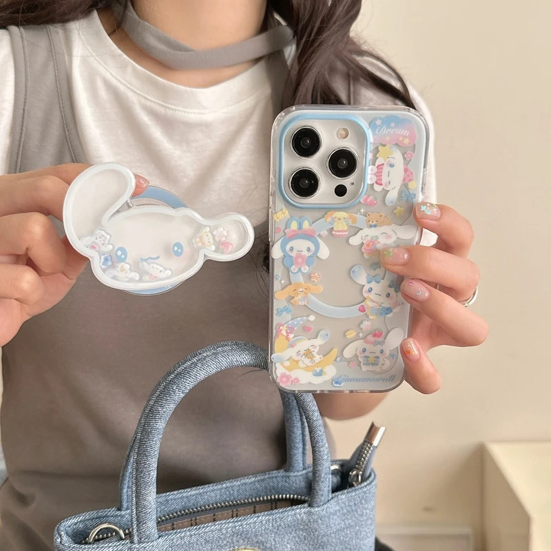 

Cute Cartoon Sanrio Cinnamoroll Magnetic Grip Holder Magsafe Wireless Charge Phone Case For iPhone 16 15 14 13 Pro Max Cover