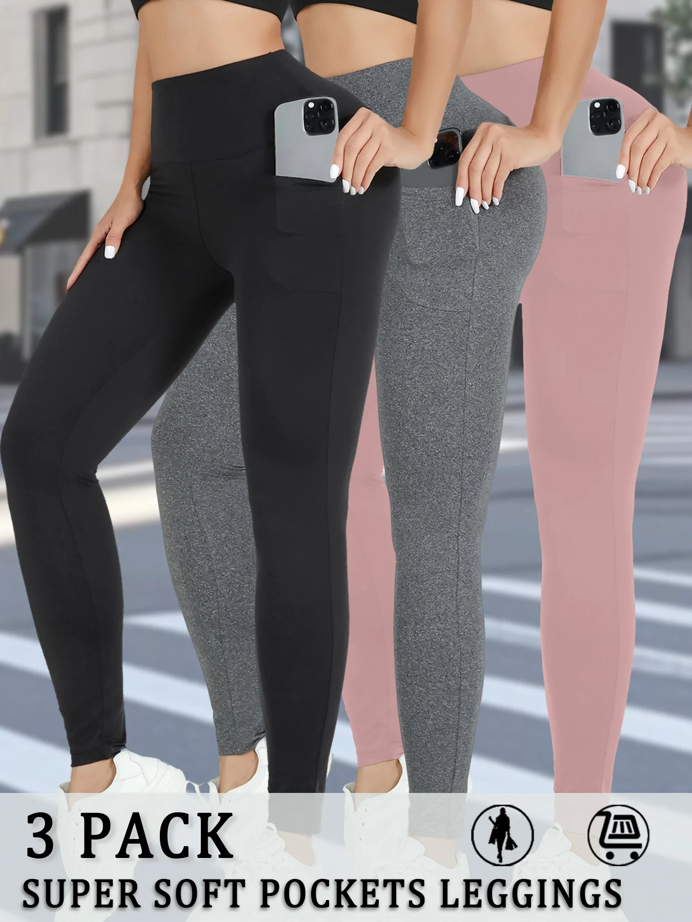 

3 Pack Super Soft Leggings with Pockets for Women, High Waisted Tummy Control Workout Yoga Running Pants Leggings