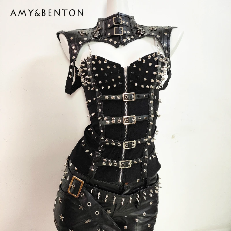 

European American Black Goth Punk Y2K Hot Girls Sling Vest New Dark Rivet Sweet Cool PU Leather Shawl Shorts Three-piece Female