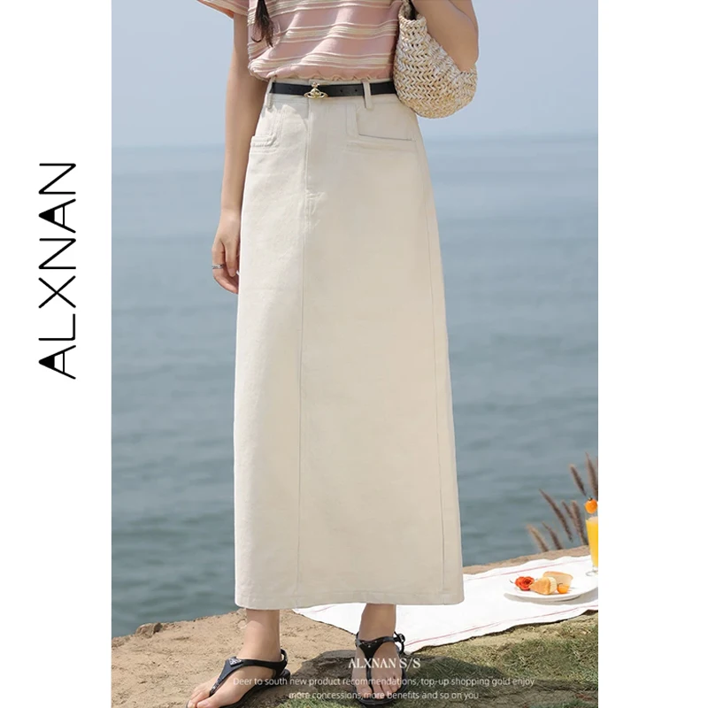 ALXNAN Women Straight Skirt Summer Long Back Slit Midi Skirts Cotton 100% Elegant Casual Office Loose-fit Ladies Clothing L55320