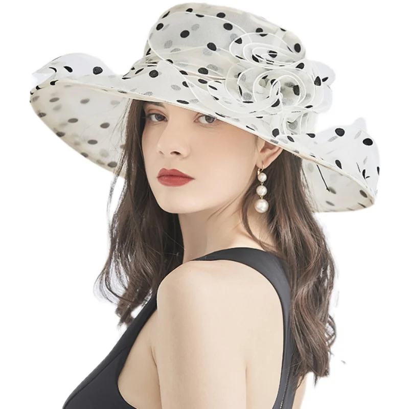 2024Newest Hot Fashion 1Pcs Mesh Ruffles Flower Women Kentucky Derby Wide Brim Wedding Church Occasional Organza Sun Hat