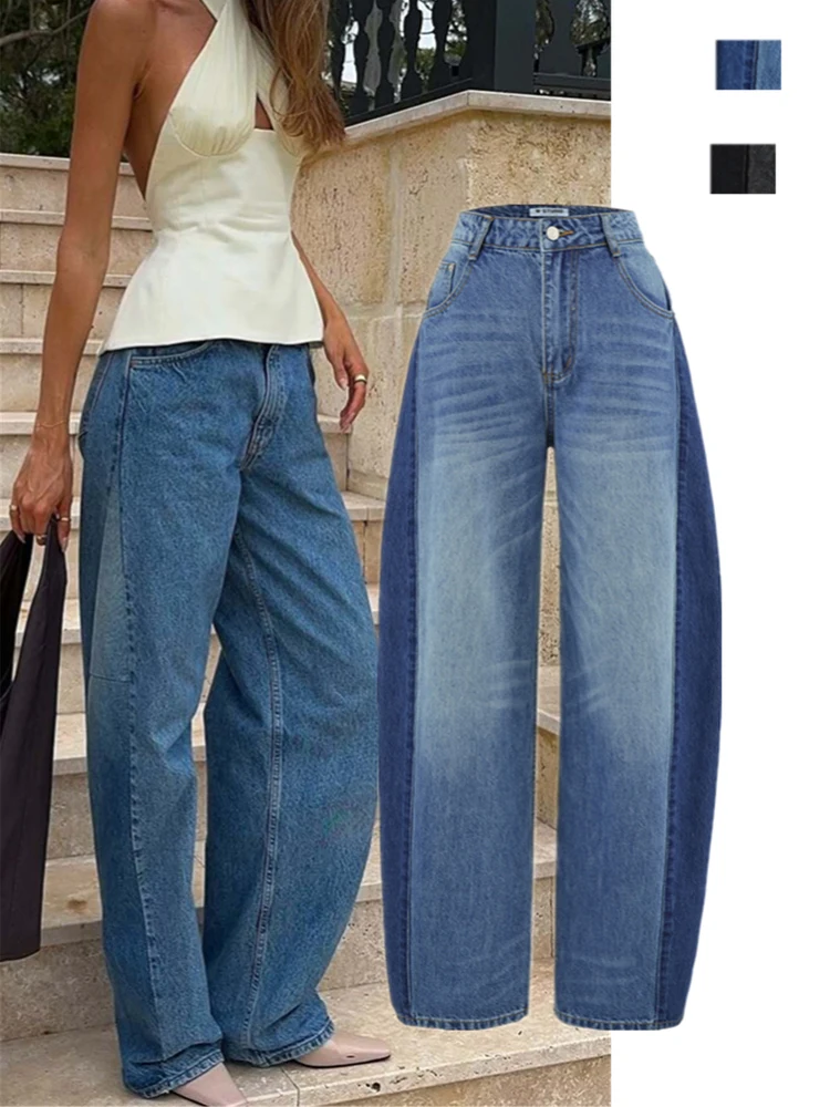 

Retro American High Waist Loose Dad Jeans Color Block Washed Outfall Knife Long Pants Women's Loose Fit Zipper Closure