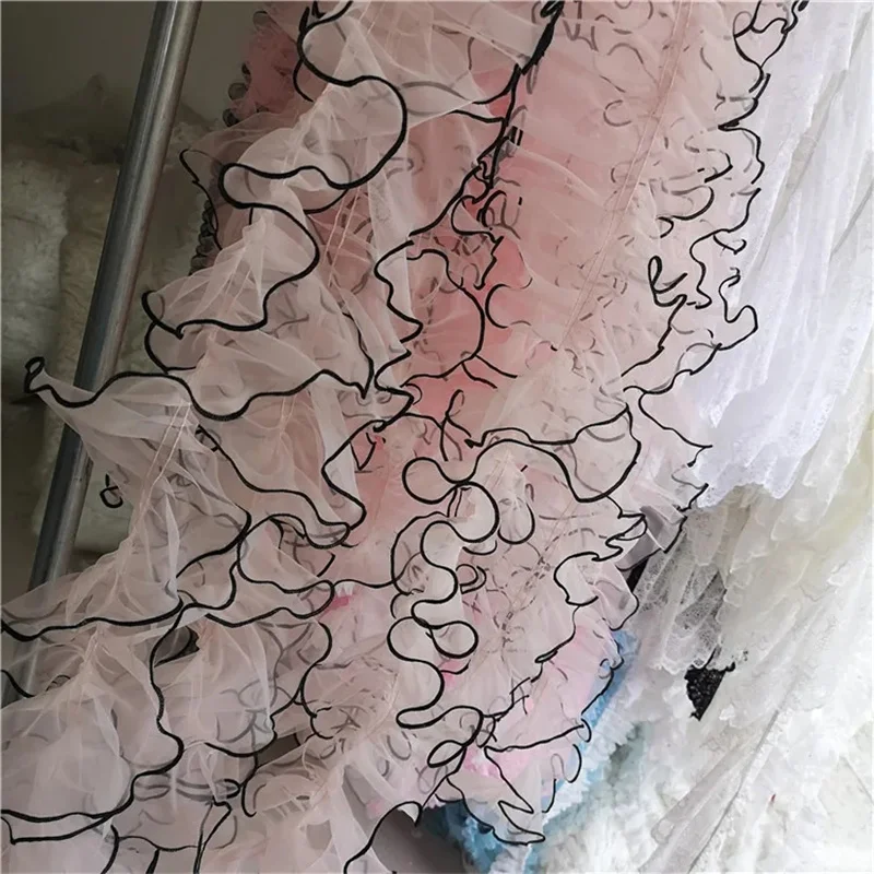 15CM Wide Luxury Tulle Pink Organza 3d Flowers Lace Guipure Ruffle Trim Embroidery Ribbon Wedding Dress Collar DIY Sewing Decor