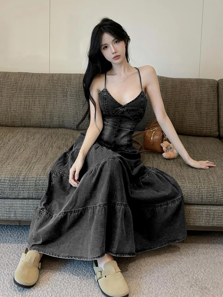 Frauen Kleidung Retro Y2K Denim Sexy Strap V-ausschnitt Backless Schlank Abendkleid Elegante Party Geburtstag Vestidos Robe Urlaub Casual