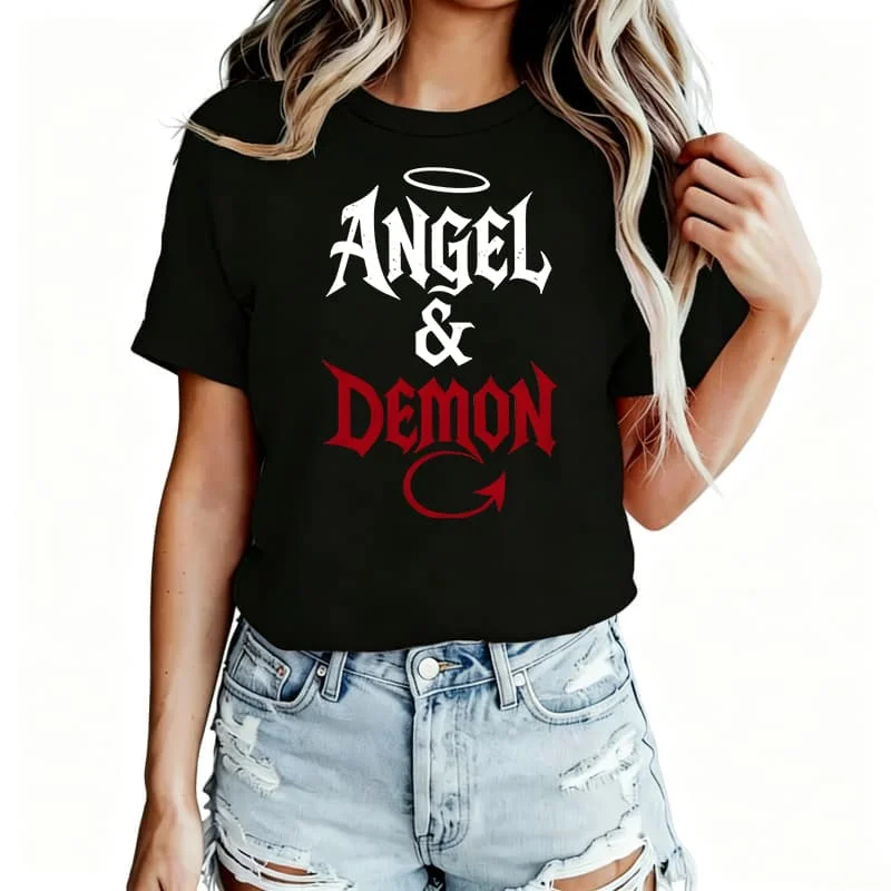 Angel Demon Print Women's T-Shirt 100% Cotton Funny Graphic Short Sleeve Tee Novelty Shirt Casual Crew Neck Top S-5Xl