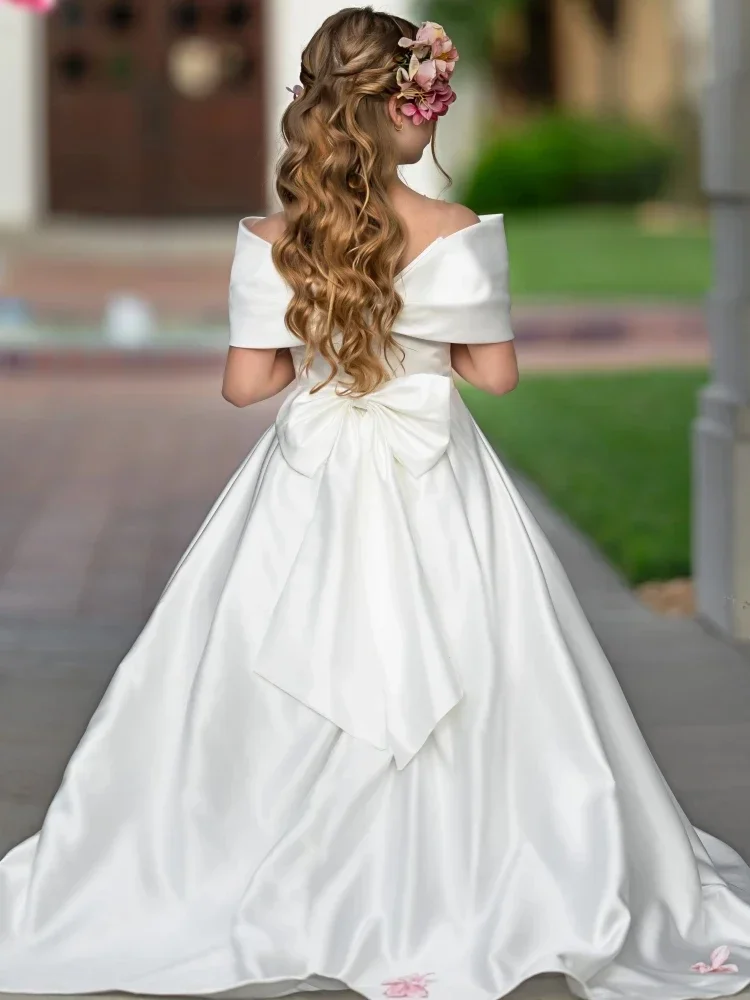 Vestidos de niña de flores de satén blanco con lazo de manga corta para boda, fiesta de cumpleaños, banquete, vestido de princesa de comunión personalizado
