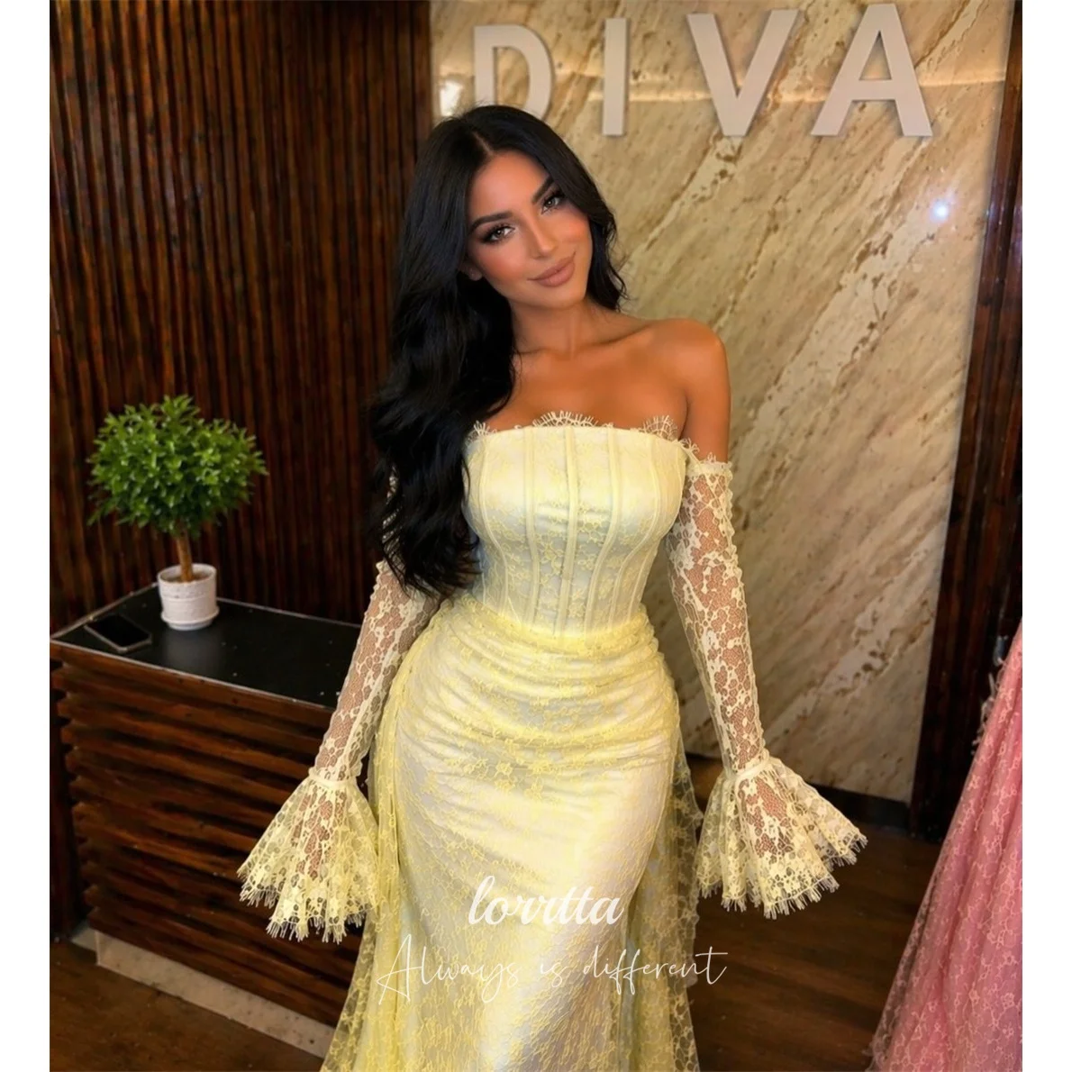 

Lorrtta Lace Off The Shoulder Yellow Mermaid Evening Dress 2026 Prom Dress Formal Evening Robes de Soirée Women Elegant Banquet