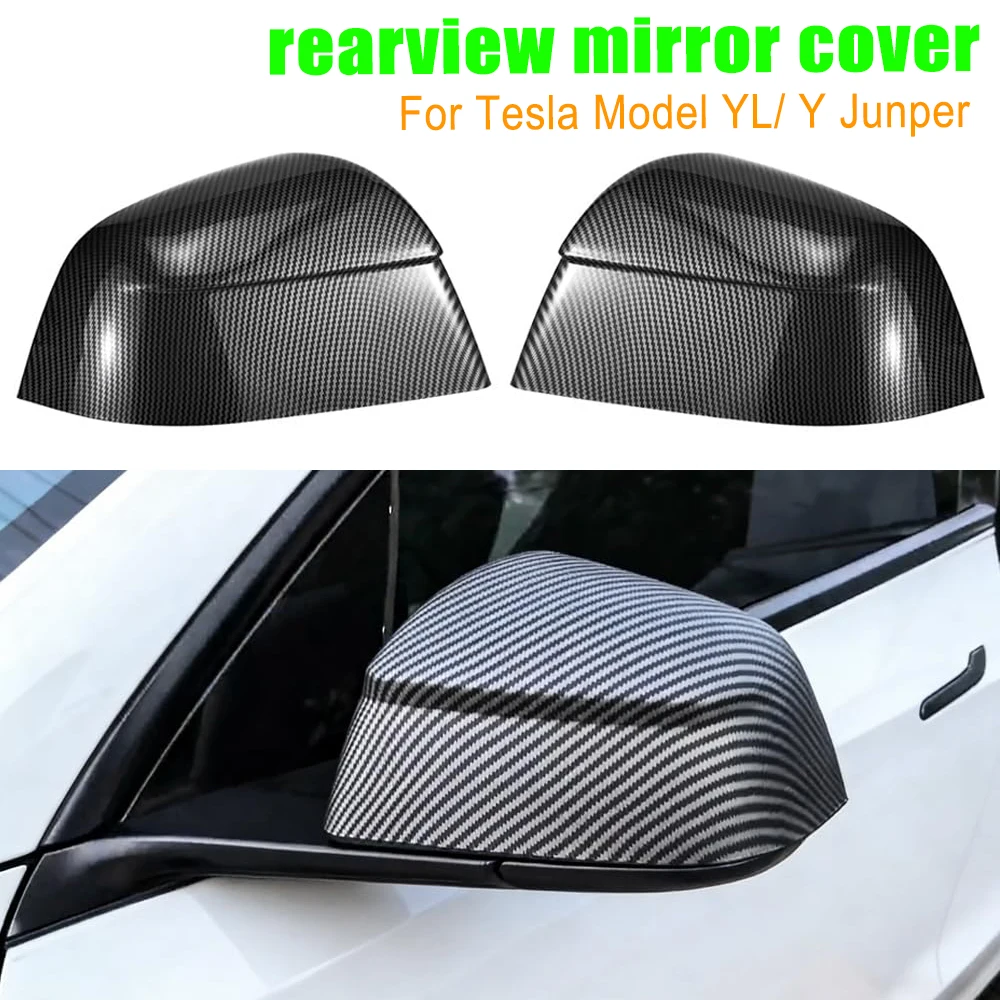 2PCS Tesla Model YL/ Y Juniper  ABS Carbon Fiber Black Mirror Cap Cover No Damage Install Protective Accessory
