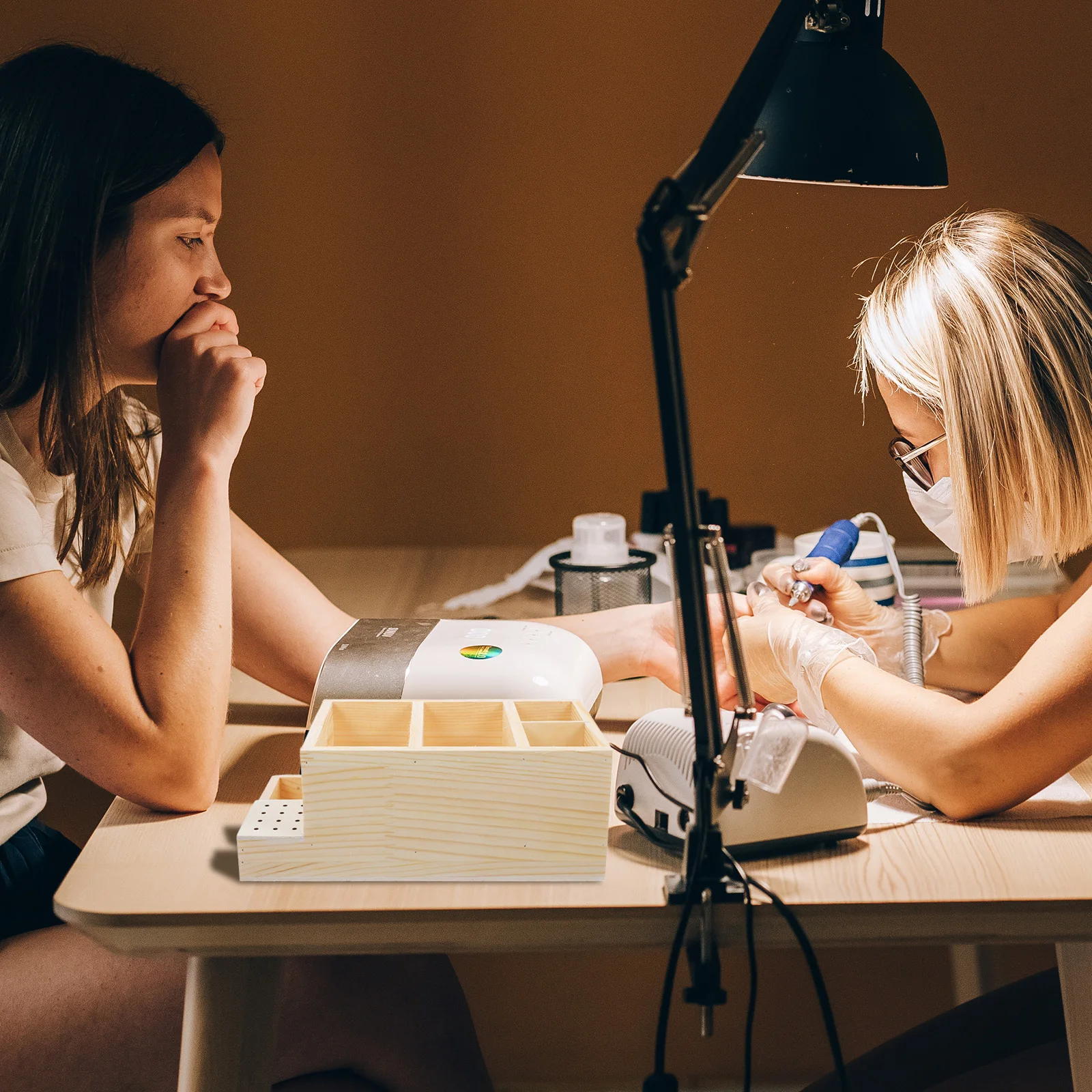 

Органайзер для сверл для ногтей, деревянный футляр для хранения, коробка для полировки головки для салона, аккуратная организованная столешница, легкое обслуживание