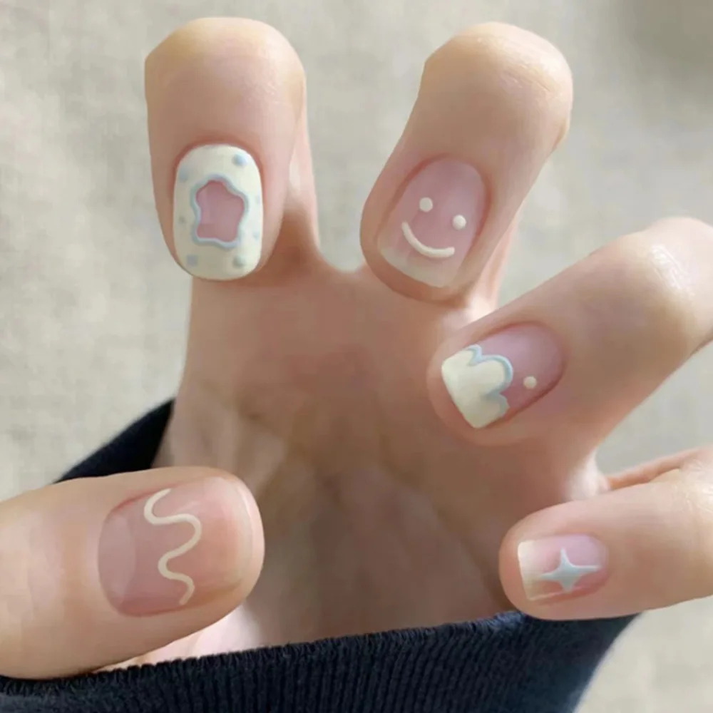 2026 New Style: Simple, Cute, Soft, and Girly Pink and White Cartoon Nail Art Tips