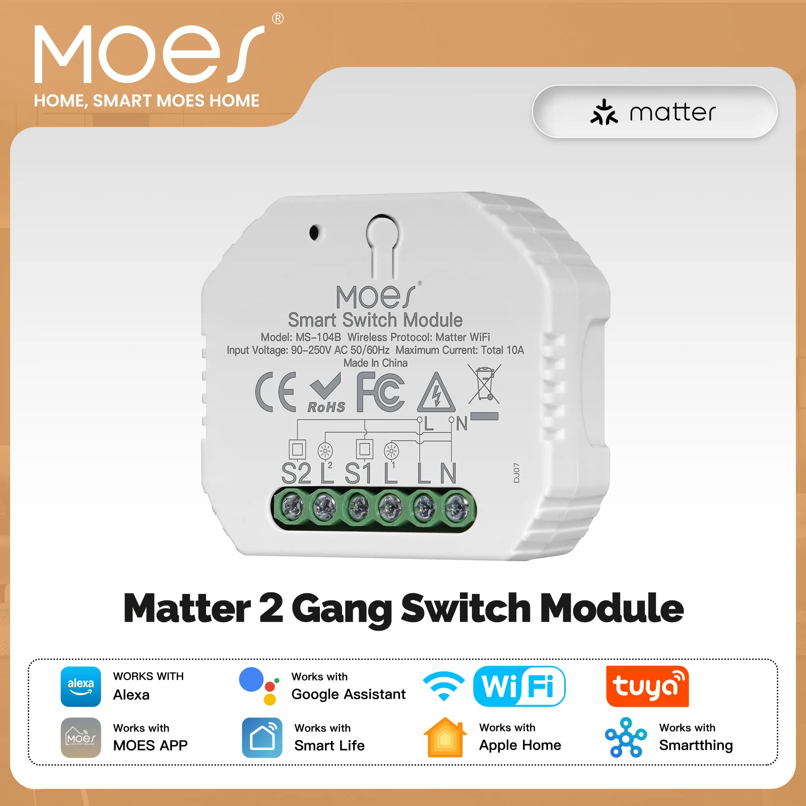 

MOES Matter WiFi Smart Switch Module 2-Gang Relay Timer Tuya App Remote Control Works with Alexa Google Home Apple