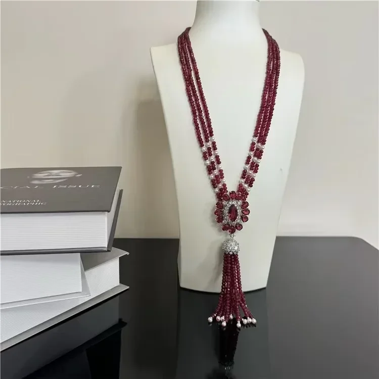 

Jewelry 23" 3 Strands Natural Smooth Round Red Jade Beads Necklace Plated Red CZ Pave Clasp For Women