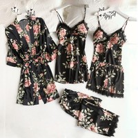 Five Piece Set Lingerie Bathrobe Set Lace Satin Pajamas Robe Trousers Sexy Shorts Sleepwear New Year Sleepwear For Women 여성여름잠옷
