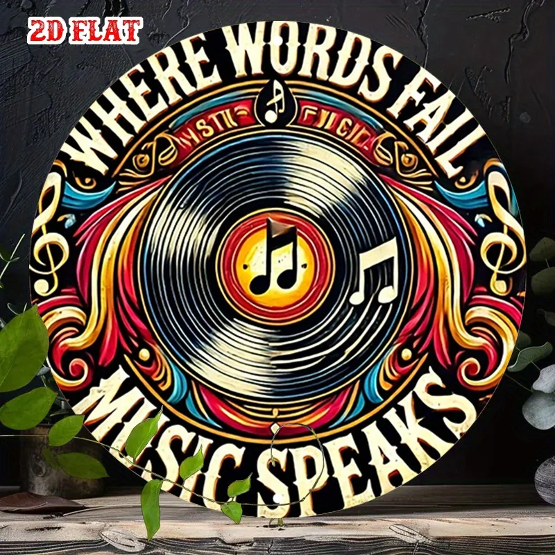 2D Flat, 1pc Vibrant Colors Round Aluminum Sign, Artistic Typography Metal Tin Sign - Vinyl Records Rustic Metal Wall Art, Music