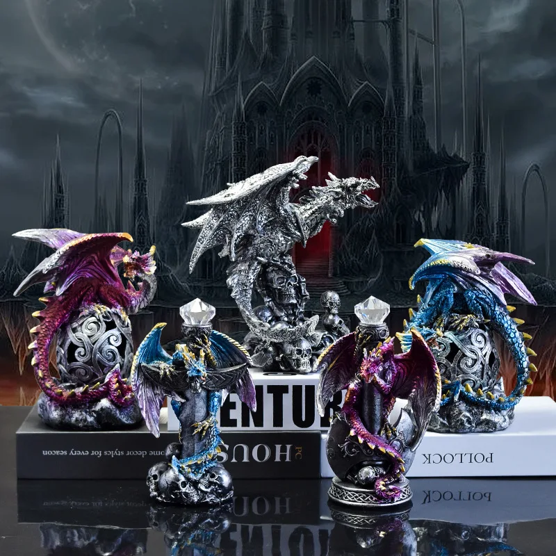 Skeleton Magic Dragon Ornament, Mythical Animal Cerberus Dragon Griffin Ouroboros Dragon Resin Statue Desktop Home Decoration