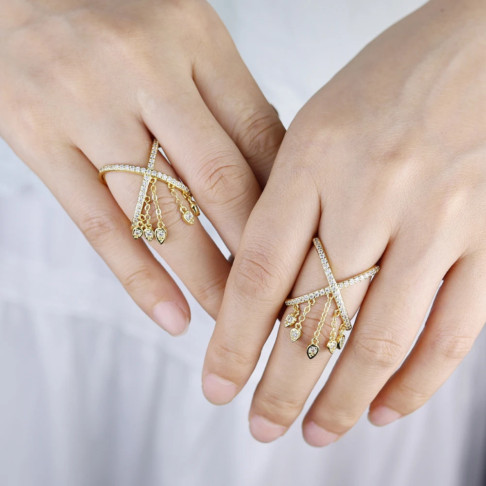 2025 Gold Color Criss Cross X Cross Rings Micro Pave Bling Cubic Zircon Drop Cz Tassel Rings Women Wedding Finger Jewelry