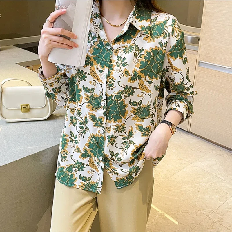 2024 Spring Autumn New Women\'s Polo Collar Printed Loose Fashion Commute Chiffon Blouses Long Sleeve Single-breasted Shirts Tops