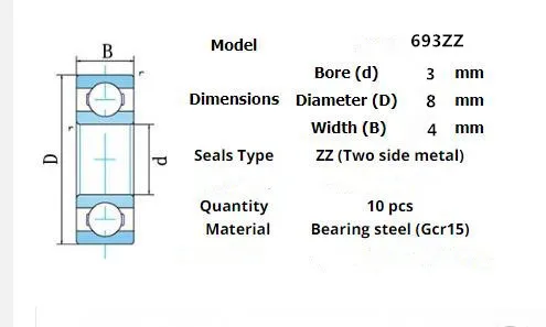 Miniaturlager 693ZZ, 10 Stück, 3 x 8 x 4 (mm), metallversiegelte Chromstahlteile, Lager, Getriebezubehör – Detail 1
