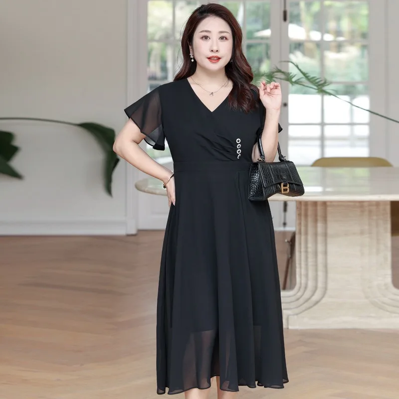 Elegante zwarte Jurk Vrouwen Lange Slanke Sexy V-hals Chiffon Plus Size 6XL 7XL 8XL Korte Mouw Kantoor Dame Vrouwelijke Koreaanse kleding