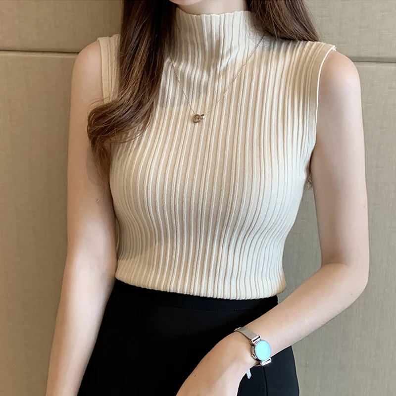 Fashion Elegant Sleeveless Knit Women Blouse Summer Solid Color Vest Casual Tops Half High Neck Shirt