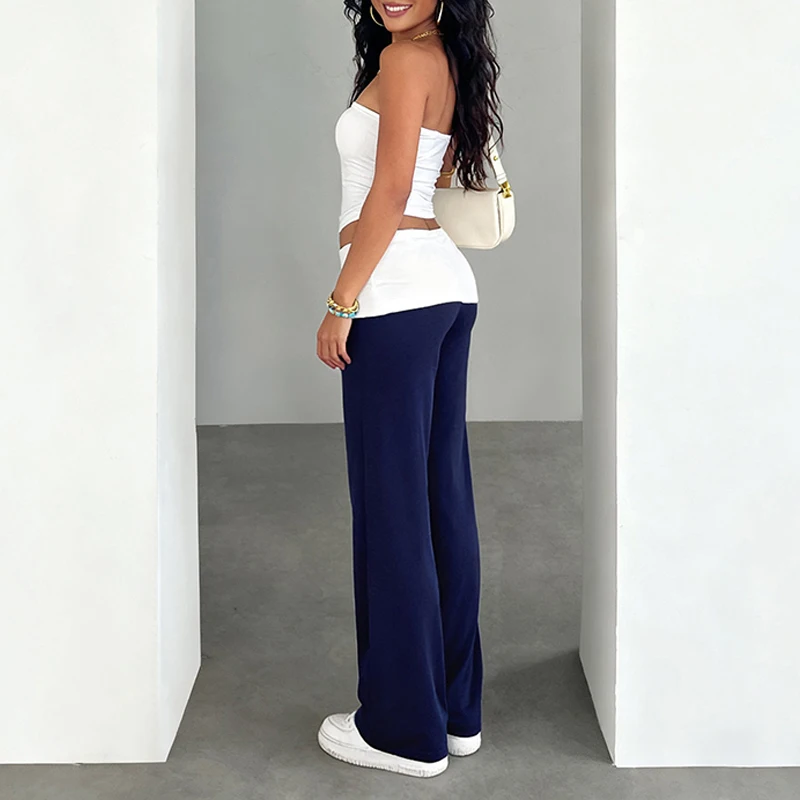 OMSJ Comfort Yoga Out Door Contrasterende broek Elastische taille Vrije tijd Rechte broek Bodems Mode Retro Vrouwelijke streetwear