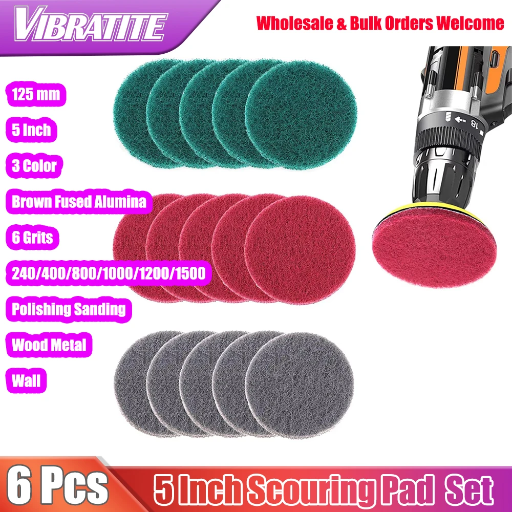 6 PCS 5 Inch Multi-purpose Flocking Scouring Pad Round 240-1500 Grit Industrial Heavy Duty Nylon Cloth for Polishing & Grinding