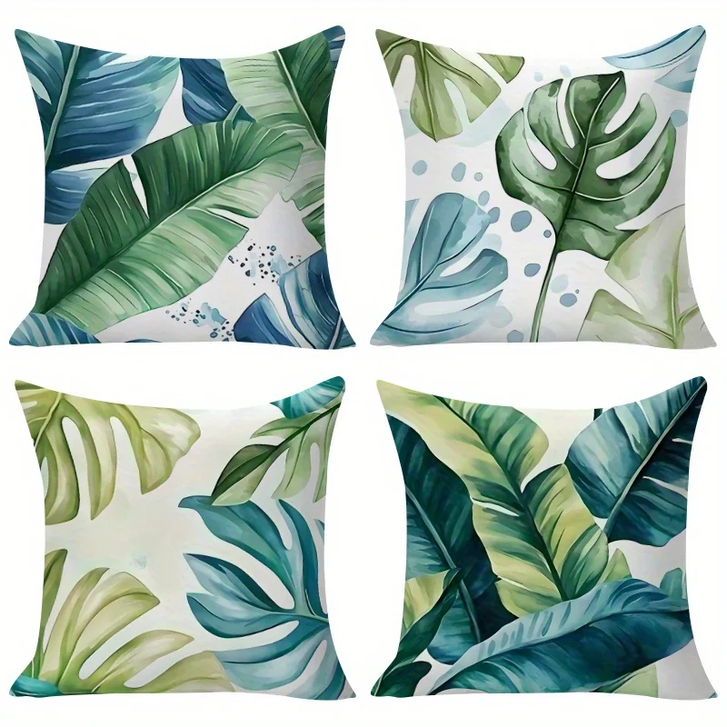 Set of 4 Tropical-Themed Cushion Covers Featuring Green Plant Leaf Patterns, with a Single-Sided Print And Zipper, Suitable for
