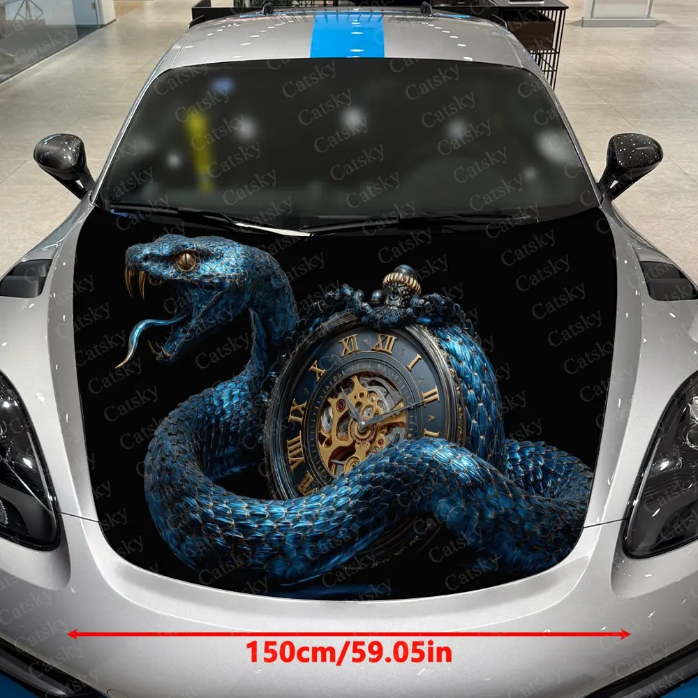 Blue Snake Wrapped Watch Car Vinyl Wrap, PVC Waterproof Car Hood Sticker, Self-Adhesive Scratch-Resistant Stickers