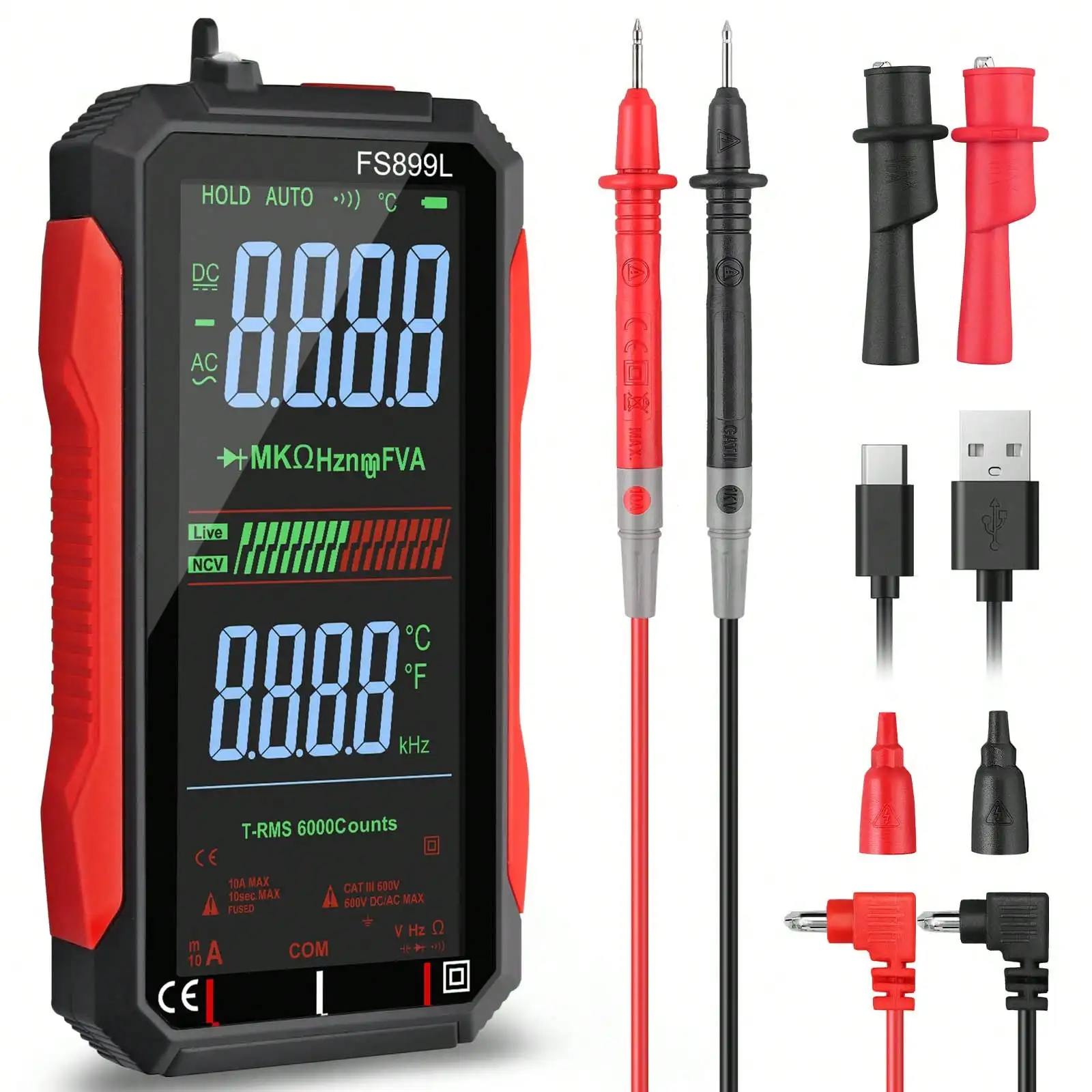 USB Rechargeable Digital Multimeter 6000Counts LCD Display Auto-Ranging Multi Tester for Capacitance Resistance Diode Live Check