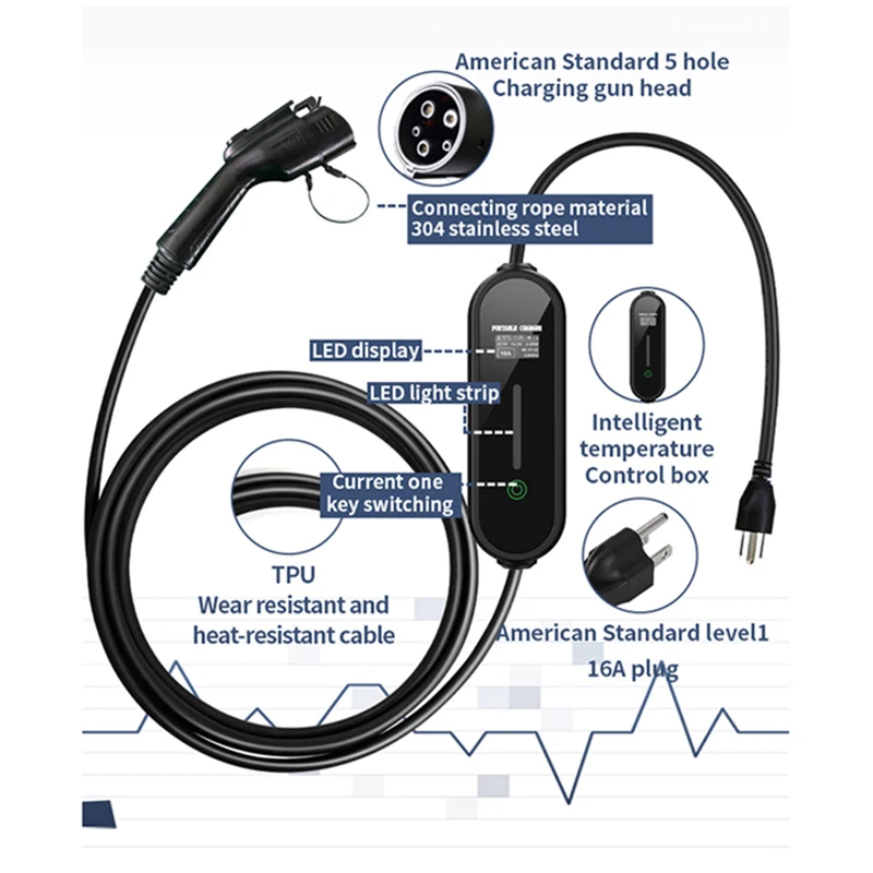 Portable Ev Charging Station 1.92 KW Portable Smart 1.3 Inch LED Light SAEJ1772 120V 8A 10A 13A 16A AC Ev Charger Type1 EVSE